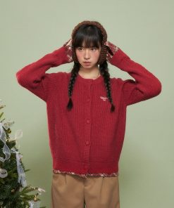 Women's Red Sweater Coat, Faux Two-Piece Knit Cardigan, Loose Fit, Cozy Autumn/Winter Layering, High-End Style