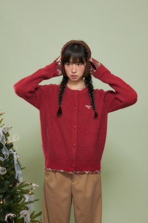 Women's Red Sweater Coat, Faux Two-Piece Knit Cardigan, Loose Fit, Cozy Autumn/Winter Layering, High-End Style