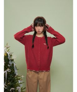 Women's Red Sweater Coat, Faux Two-Piece Knit Cardigan, Loose Fit, Cozy Autumn/Winter Layering, High-End Style