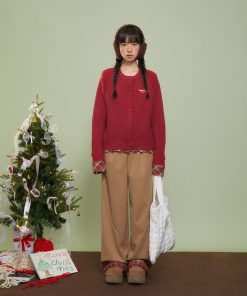 Women's Red Sweater Coat, Faux Two-Piece Knit Cardigan, Loose Fit, Cozy Autumn/Winter Layering, High-End Style