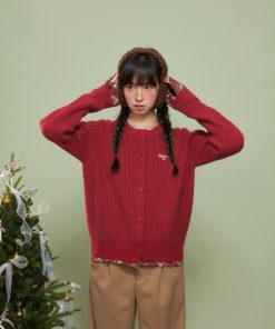 Women's Red Sweater Coat, Faux Two-Piece Knit Cardigan, Loose Fit, Cozy Autumn/Winter Layering, High-End Style