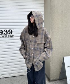 Women's Relaxed American Plaid Hooded Long Sleeve Shirt - Casual Loose Spring Autumn Jacket, 90s Inspired Style