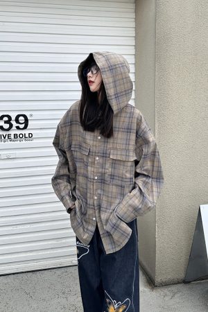 Women's Relaxed American Plaid Hooded Long Sleeve Shirt - Casual Loose Spring Autumn Jacket, 90s Inspired Style