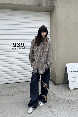 Women's Relaxed American Plaid Hooded Long Sleeve Shirt - Casual Loose Spring Autumn Jacket, 90s Inspired Style