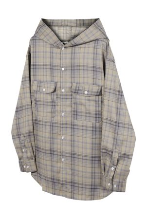 Women's Relaxed American Plaid Hooded Long Sleeve Shirt - Casual Loose Spring Autumn Jacket, 90s Inspired Style