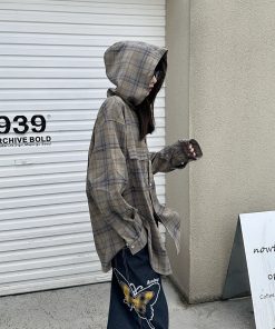 Women's Relaxed American Plaid Hooded Long Sleeve Shirt - Casual Loose Spring Autumn Jacket, 90s Inspired Style