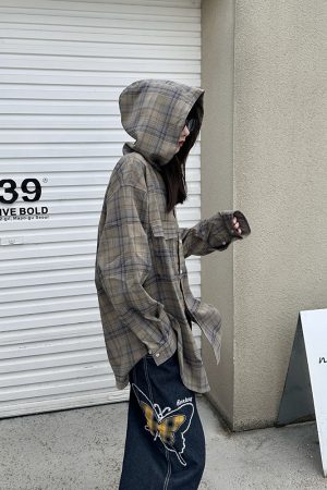 Women's Relaxed American Plaid Hooded Long Sleeve Shirt - Casual Loose Spring Autumn Jacket, 90s Inspired Style