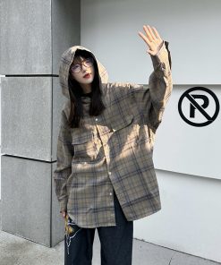 Women's Relaxed American Plaid Hooded Long Sleeve Shirt - Casual Loose Spring Autumn Jacket, 90s Inspired Style