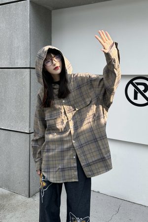 Women's Relaxed American Plaid Hooded Long Sleeve Shirt - Casual Loose Spring Autumn Jacket, 90s Inspired Style