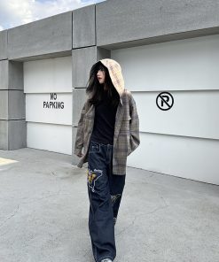 Women's Relaxed American Plaid Hooded Long Sleeve Shirt - Casual Loose Spring Autumn Jacket, 90s Inspired Style