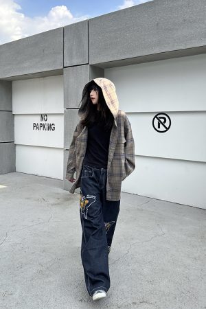 Women's Relaxed American Plaid Hooded Long Sleeve Shirt - Casual Loose Spring Autumn Jacket, 90s Inspired Style