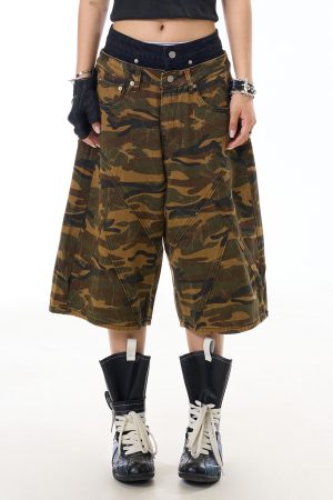Women's Retro Camouflage Color-Blocking Seven-Point Pants - American Style Workwear, Streetwear Inspired Niche Shorts