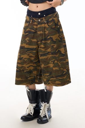 Women's Retro Camouflage Color-Blocking Seven-Point Pants - American Style Workwear, Streetwear Inspired Niche Shorts