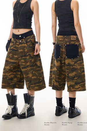 Women's Retro Camouflage Color-Blocking Seven-Point Pants - American Style Workwear, Streetwear Inspired Niche Shorts