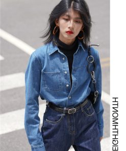 Women's Retro French Blue Denim Shirt - Long Sleeve, Unique Design, American Classic Autumn Top, Hong Kong Style