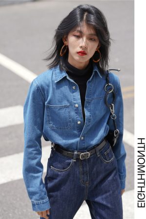 Women's Retro French Blue Denim Shirt - Long Sleeve, Unique Design, American Classic Autumn Top, Hong Kong Style