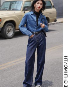 Women's Retro French Blue Denim Shirt - Long Sleeve, Unique Design, American Classic Autumn Top, Hong Kong Style