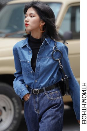 Women's Retro French Blue Denim Shirt - Long Sleeve, Unique Design, American Classic Autumn Top, Hong Kong Style