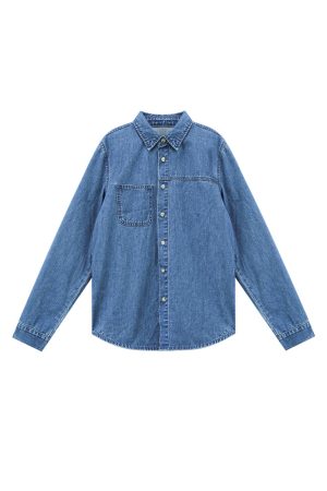 Women's Retro French Blue Denim Shirt - Long Sleeve, Unique Design, American Classic Autumn Top, Hong Kong Style