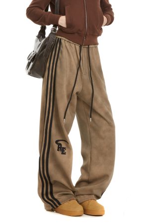 Women's Retro High Street Striped Sweatpants - Casual Straight Leg Sports Pants for Autumn Fashion