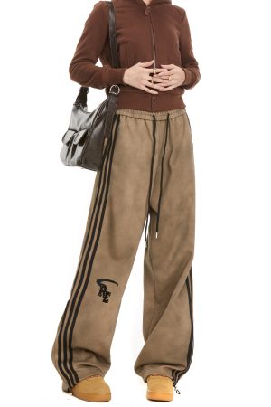 Women's Retro High Street Striped Sweatpants - Casual Straight Leg Sports Pants for Autumn Fashion
