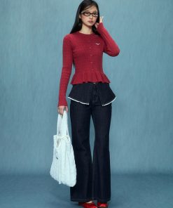Women's Ruffle Edge Red Cardigan - 2025 Autumn Winter Fashion, Slim Fit Style