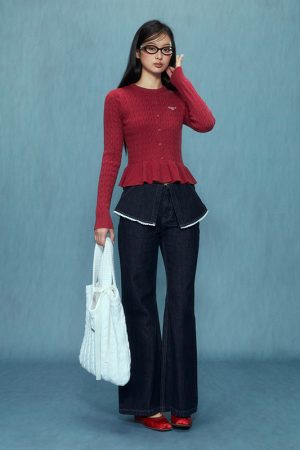 Women's Ruffle Edge Red Cardigan - 2025 Autumn Winter Fashion, Slim Fit Style