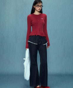 Women's Ruffle Edge Red Cardigan - 2025 Autumn Winter Fashion, Slim Fit Style