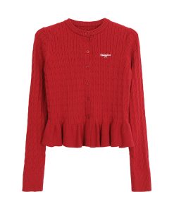 Women's Ruffle Edge Red Cardigan - 2025 Autumn Winter Fashion, Slim Fit Style