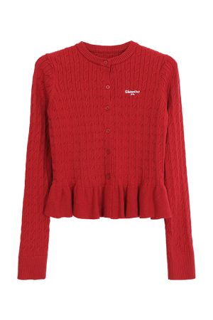 Women's Ruffle Edge Red Cardigan - 2025 Autumn Winter Fashion, Slim Fit Style