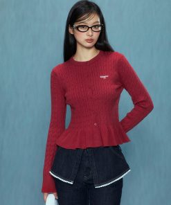 Women's Ruffle Edge Red Cardigan - 2025 Autumn Winter Fashion, Slim Fit Style