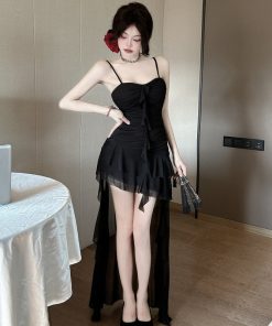 Women's Ruffled Beach Skirt Dress - Spaghetti Strap, Short Front Long Back, French Style for Seaside Vacation, Fairy Aesthetic