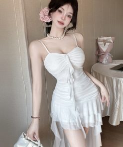 Women's Ruffled Beach Skirt Dress - Spaghetti Strap, Short Front Long Back, French Style for Seaside Vacation, Fairy Aesthetic