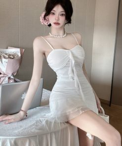 Women's Ruffled Beach Skirt Dress - Spaghetti Strap, Short Front Long Back, French Style for Seaside Vacation, Fairy Aesthetic