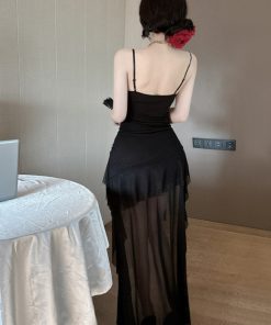 Women's Ruffled Beach Skirt Dress - Spaghetti Strap, Short Front Long Back, French Style for Seaside Vacation, Fairy Aesthetic