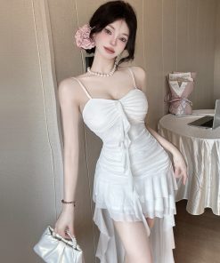 Women's Ruffled Beach Skirt Dress - Spaghetti Strap, Short Front Long Back, French Style for Seaside Vacation, Fairy Aesthetic