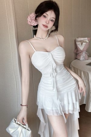 Women's Ruffled Beach Skirt Dress - Spaghetti Strap, Short Front Long Back, French Style for Seaside Vacation, Fairy Aesthetic