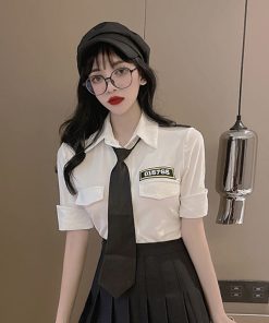 Women's School Style JK Uniform Set - Short Sleeve White Shirt Top & High-Waisted Pleated Skirt Two-Piece Outfit
