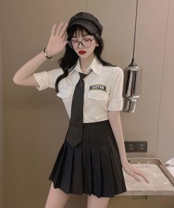 Women's School Style JK Uniform Set - Short Sleeve White Shirt Top & High-Waisted Pleated Skirt Two-Piece Outfit