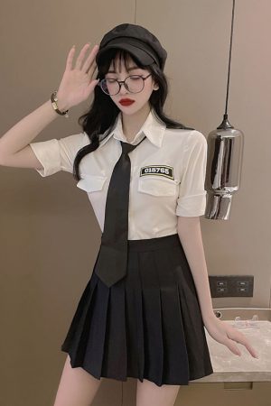 Women's School Style JK Uniform Set - Short Sleeve White Shirt Top & High-Waisted Pleated Skirt Two-Piece Outfit