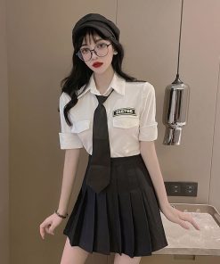 Women's School Style JK Uniform Set - Short Sleeve White Shirt Top & High-Waisted Pleated Skirt Two-Piece Outfit