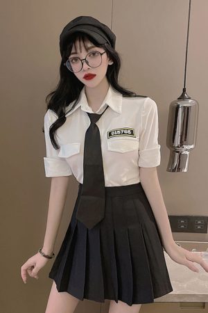 Women's School Style JK Uniform Set - Short Sleeve White Shirt Top & High-Waisted Pleated Skirt Two-Piece Outfit