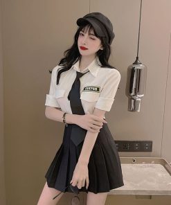 Women's School Style JK Uniform Set - Short Sleeve White Shirt Top & High-Waisted Pleated Skirt Two-Piece Outfit