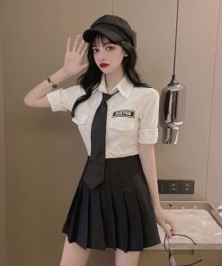 Women's School Style JK Uniform Set - Short Sleeve White Shirt Top & High-Waisted Pleated Skirt Two-Piece Outfit