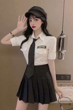 Women's School Style JK Uniform Set - Short Sleeve White Shirt Top & High-Waisted Pleated Skirt Two-Piece Outfit