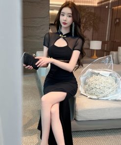 Women's Sexy Cheongsam Long Dress with Mesh Splicing - Chinese Style Nightclub Dress for Work & Evening Events