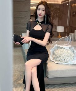 Women's Sexy Cheongsam Long Dress with Mesh Splicing - Chinese Style Nightclub Dress for Work & Evening Events