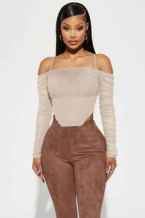 Women's Sexy Mesh See-Through Off-the-Shoulder Long Sleeve Fitted T-Shirt with Irregular Waist-Cinching Design, Y2K Fashion