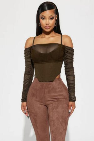 Women's Sexy Mesh See-Through Off-the-Shoulder Long Sleeve Fitted T-Shirt with Irregular Waist-Cinching Design, Y2K Fashion