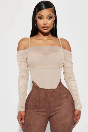 Women's Sexy Mesh See-Through Off-the-Shoulder Long Sleeve Fitted T-Shirt with Irregular Waist-Cinching Design, Y2K Fashion